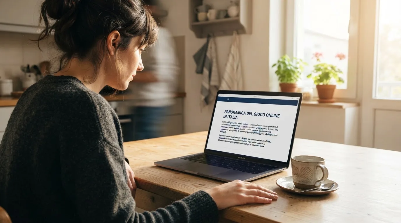 Persona davanti a un portatile che legge una pagina informativa sul gioco online in Italia — 100 giri gratis senza deposito