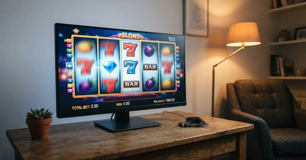 Rulli di una slot in movimento sullo schermo di un computer in un salotto — 100 giri gratis senza deposito