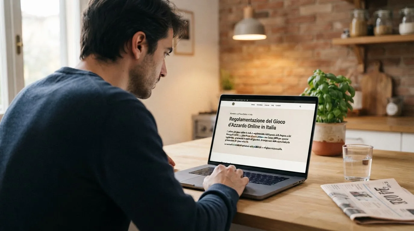 Persona davanti a un portatile che legge una pagina informativa sul gioco online in Italia — 25, 30, 50, 100, 200 giri gratis senza deposito