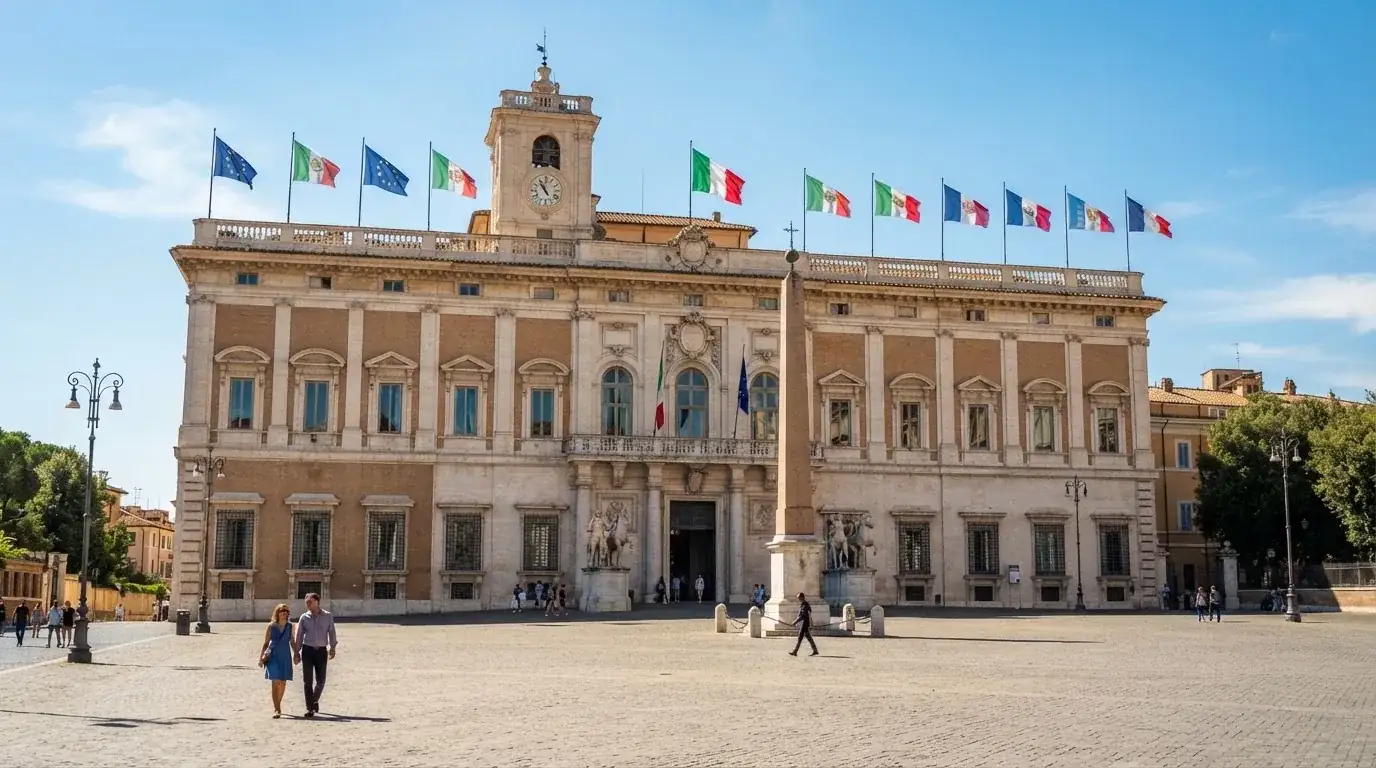 Palazzo istituzionale con bandiere al vento in una piazza soleggiata — 25, 30, 50, 100, 200 giri gratis senza deposito