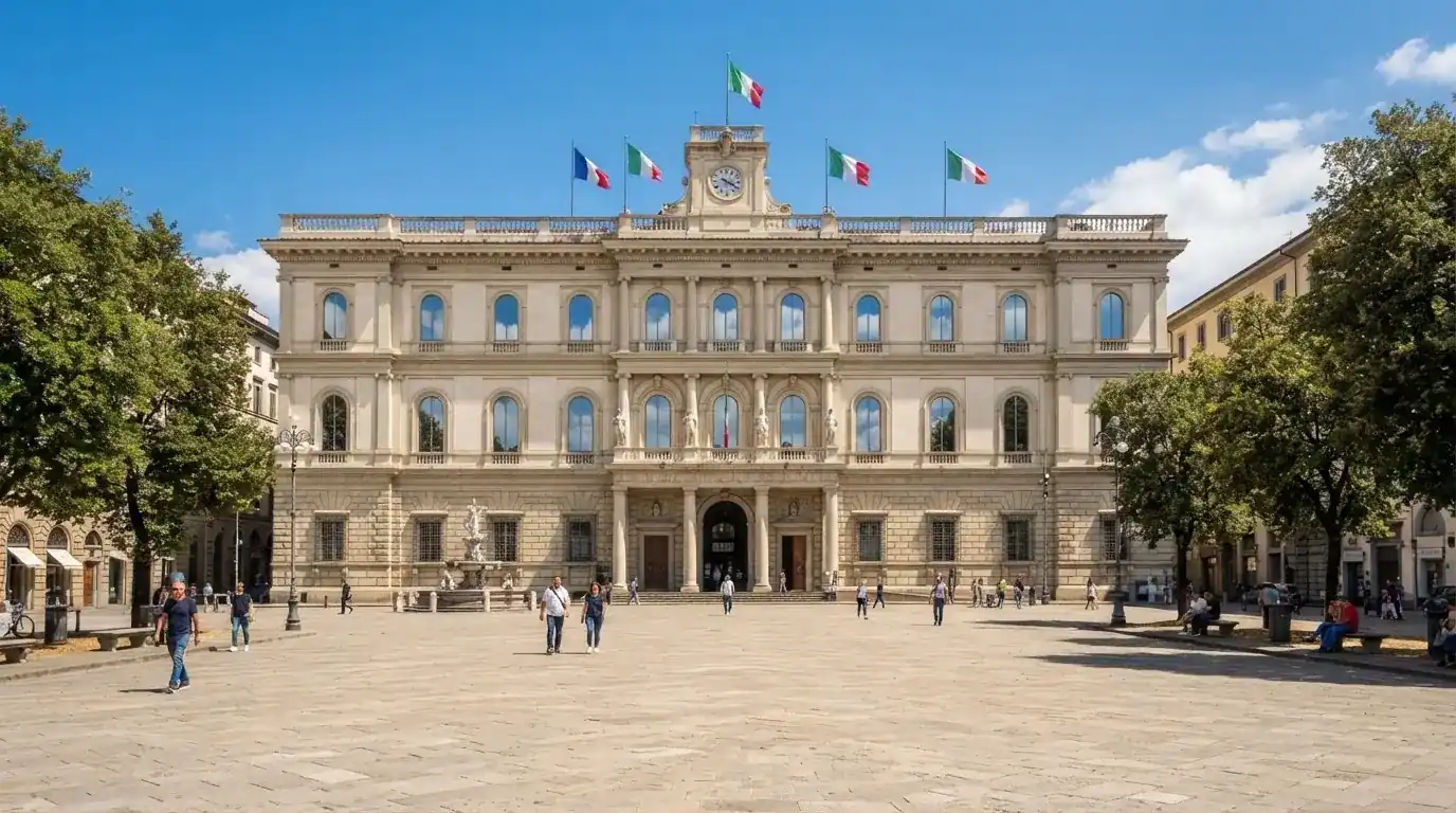 Palazzo istituzionale con bandiere al vento in una piazza soleggiata — 50 free spins senza deposito
