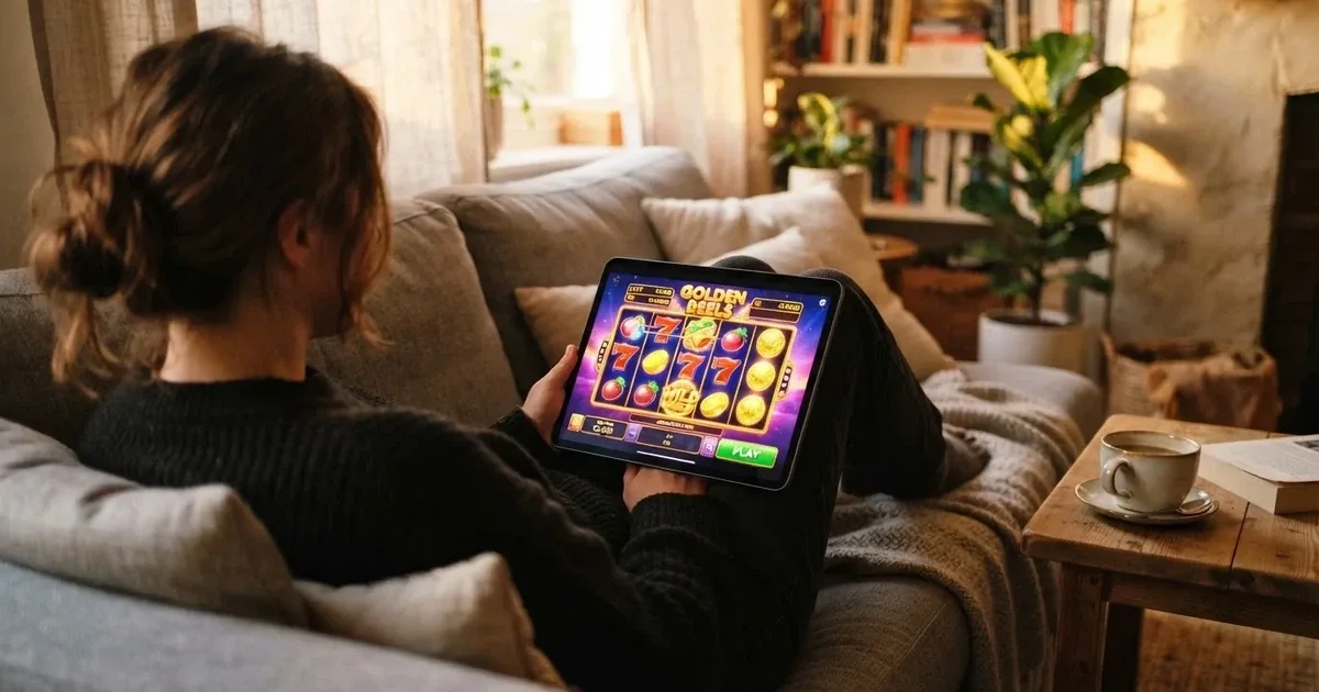 Giocatore sul divano con un tablet, tazza di caffè sul tavolino, luce calda — 50 free spins senza deposito