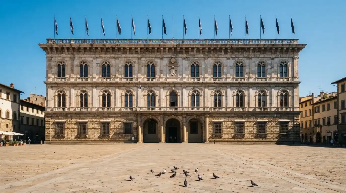Palazzo istituzionale con bandiere al vento in una piazza soleggiata — big time gaming live casino italia