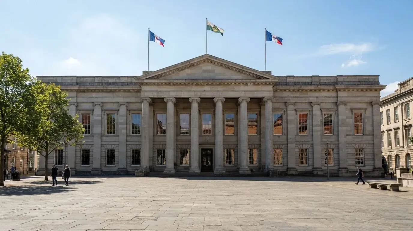 Palazzo istituzionale con bandiere al vento in una piazza soleggiata — casinò che accettano bitcoin