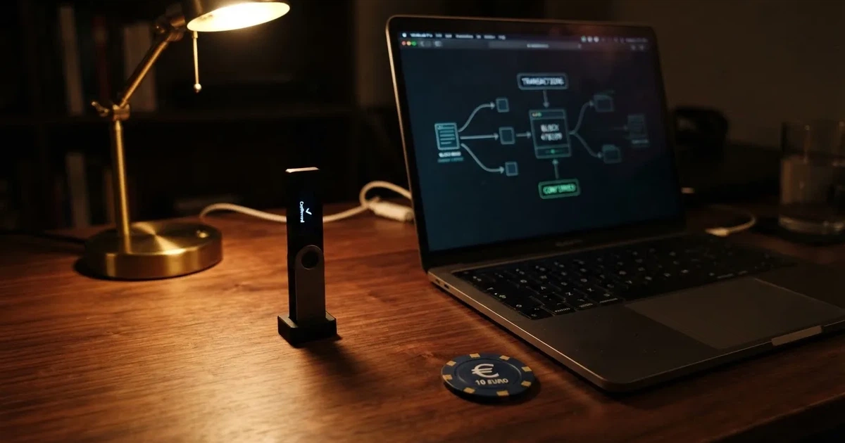 Portafoglio hardware accanto a un portatile su una scrivania scura con lampada — casinò che accettano bitcoin