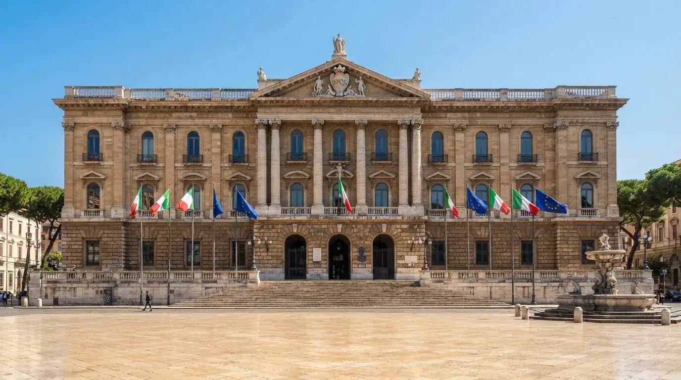 Palazzo istituzionale con bandiere al vento in una piazza soleggiata — casino com app android