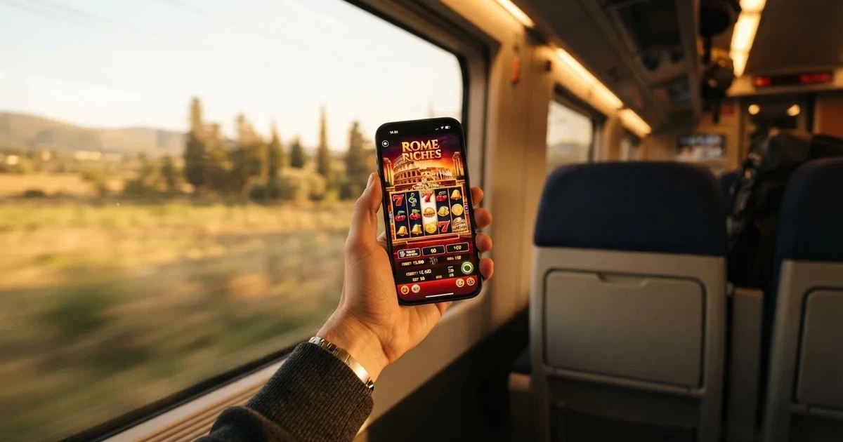 Smartphone in mano su un treno, paesaggio sfocato dal finestrino — casino com app android