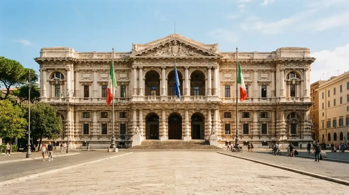 Palazzo istituzionale con bandiere al vento in una piazza soleggiata — casino com app iphone