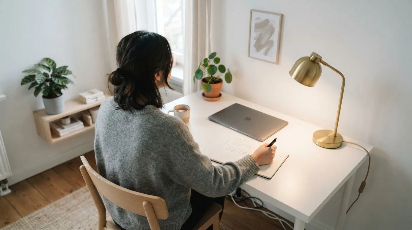Una persona seduta a una scrivania minimalista con un laptop chiuso e una lampada accesa in un ufficio domestico ordinato.