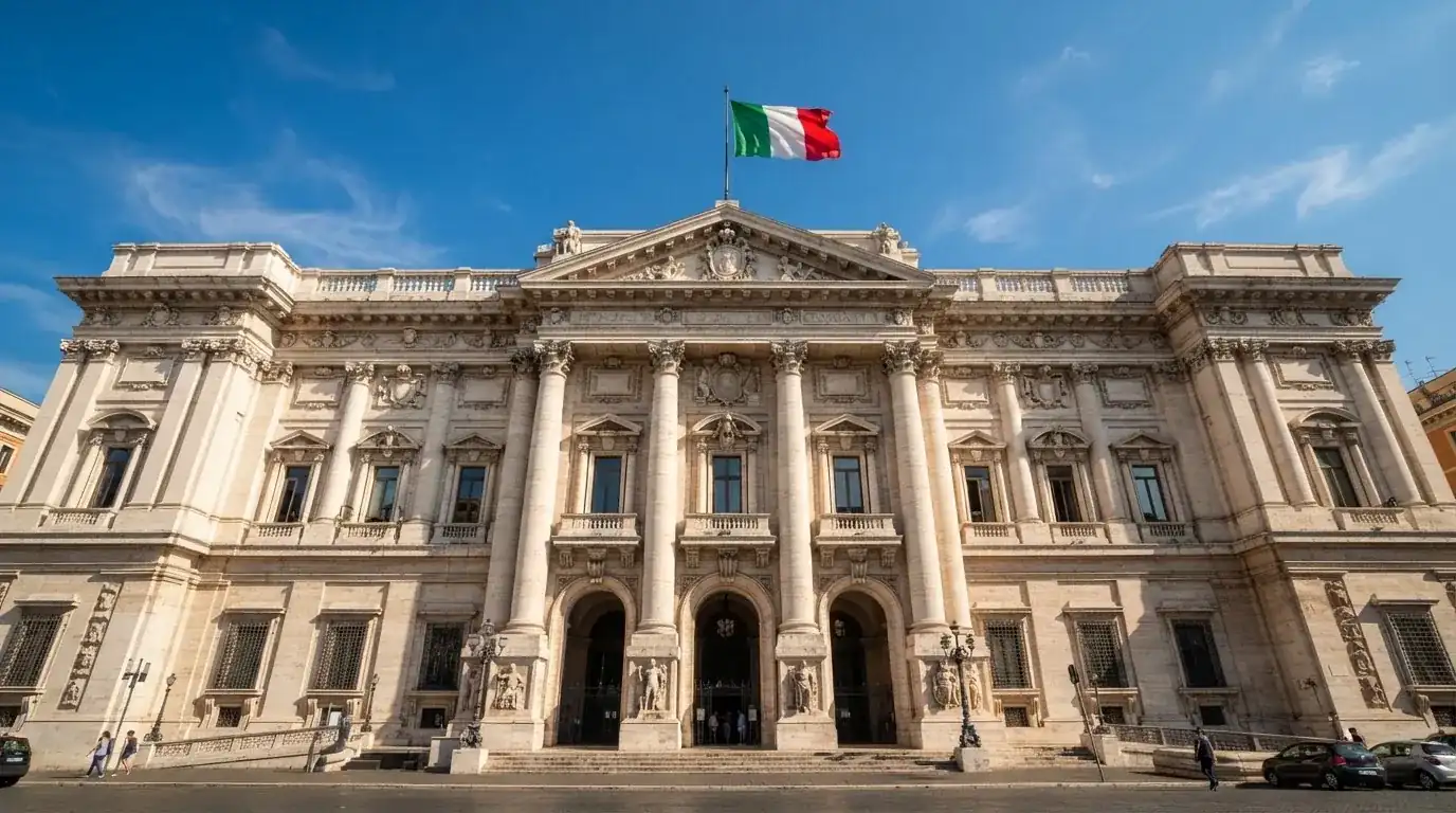 Un edificio governativo italiano con bandiera al vento fotografato dal basso in una giornata di sole.