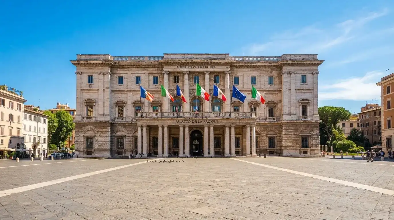 Palazzo istituzionale con bandiere al vento in una piazza soleggiata — casino dal vivo online