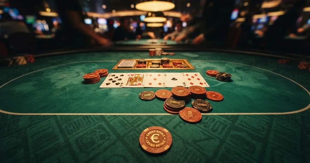 Tavolo da gioco illuminato con carte e fiches visto dall'alto — casino dal vivo online