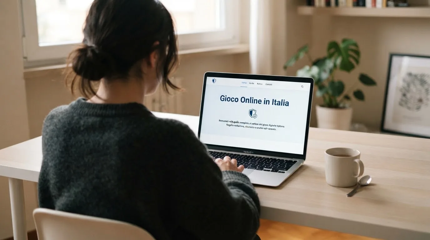 Persona davanti a un portatile che legge una pagina informativa sul gioco online in Italia — casino deposito minimo 1, 5, 10 e 20 euro