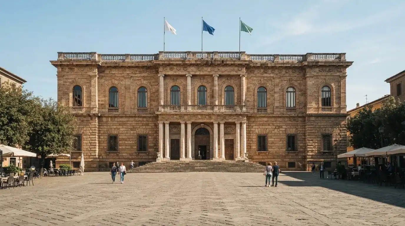 Palazzo istituzionale con bandiere al vento in una piazza soleggiata — casino deposito minimo 1, 5, 10 e 20 euro