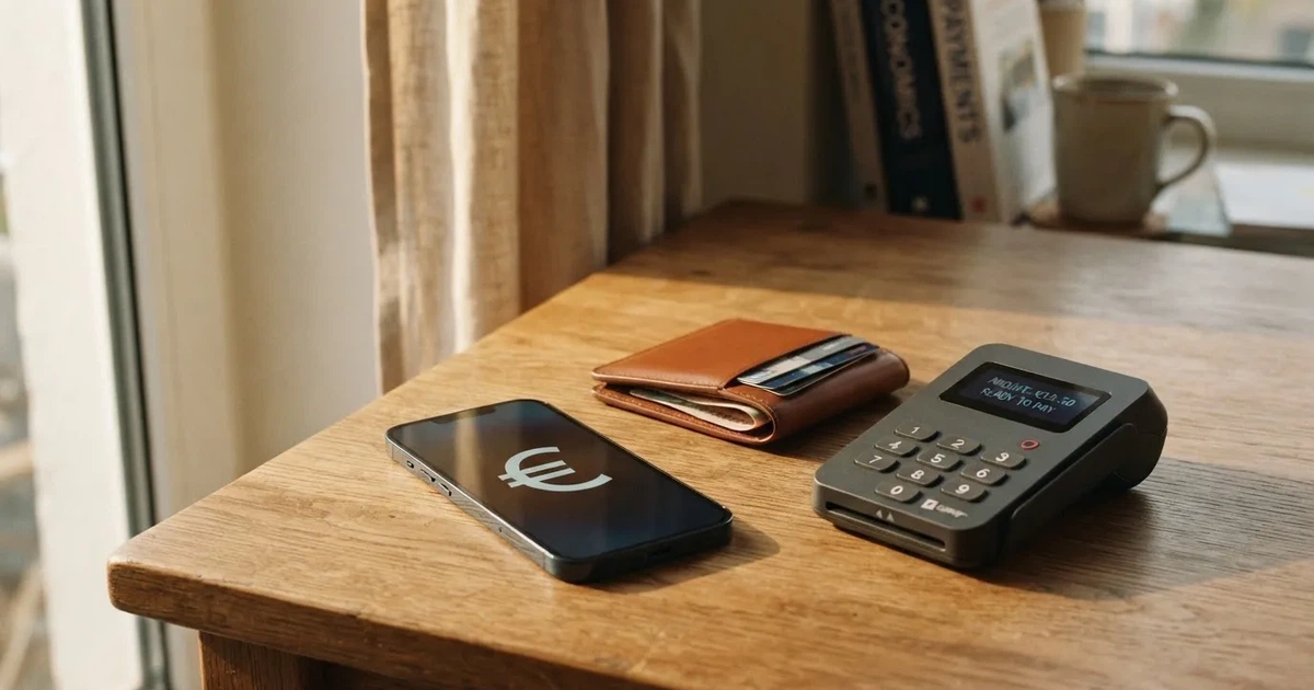 Terminale di pagamento e smartphone su un tavolo di legno accanto a un portafoglio — casino deposito minimo 1, 5, 10 e 20 euro
