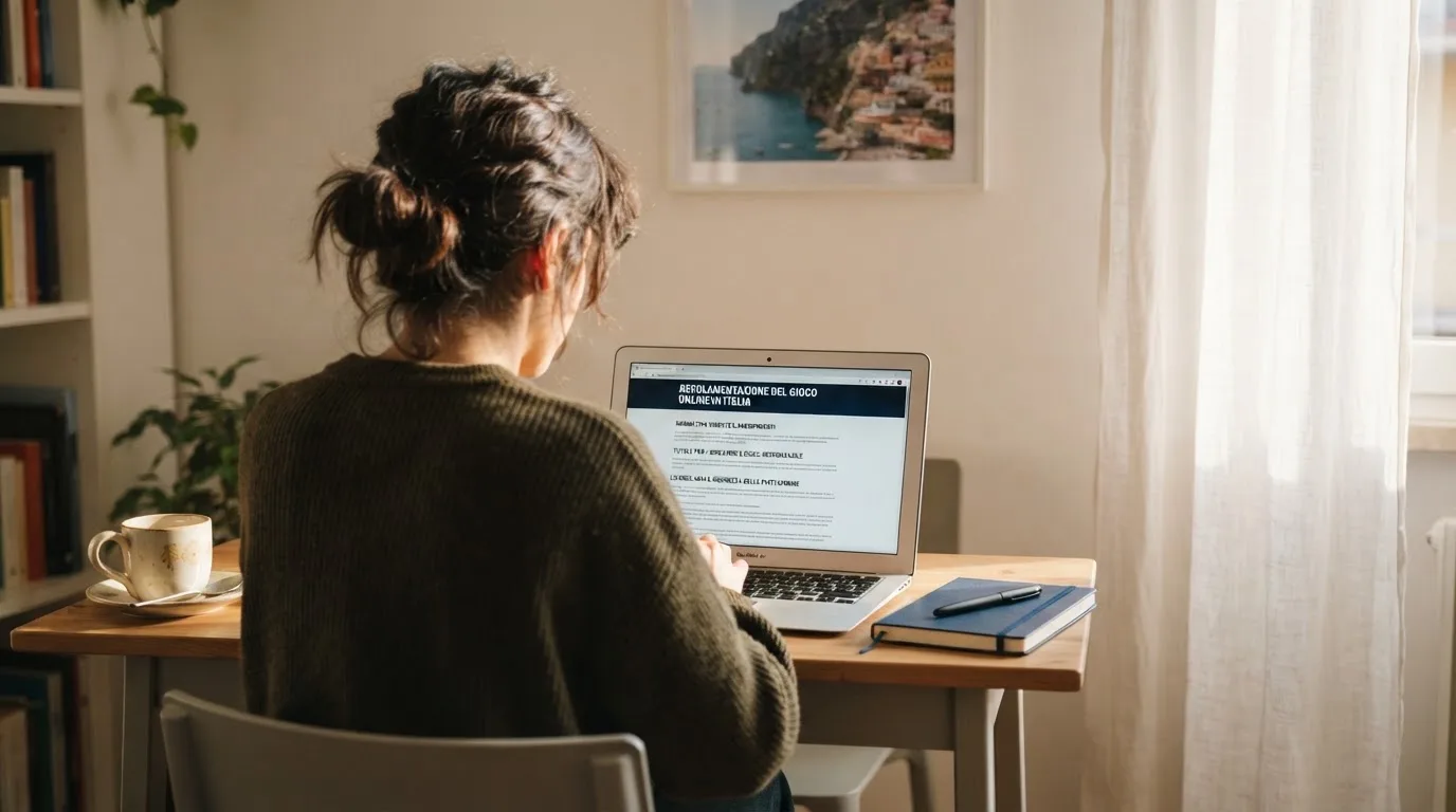Persona davanti a un portatile che legge una pagina informativa sul gioco online in Italia — casino deposito minimo 1 euro