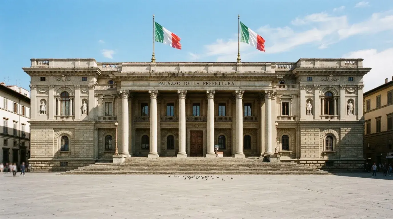 Palazzo istituzionale con bandiere al vento in una piazza soleggiata — casino deposito minimo 1 euro