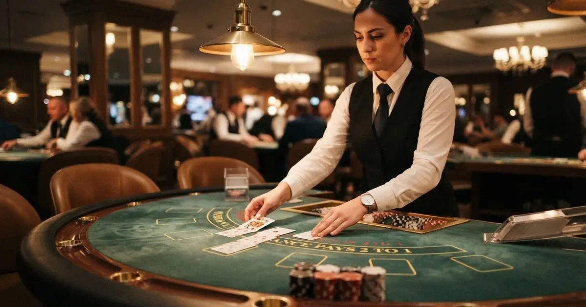 Un croupier distribuisce carte su un tavolo da gioco elegante, illuminato da luci soffuse in una sala professionale.