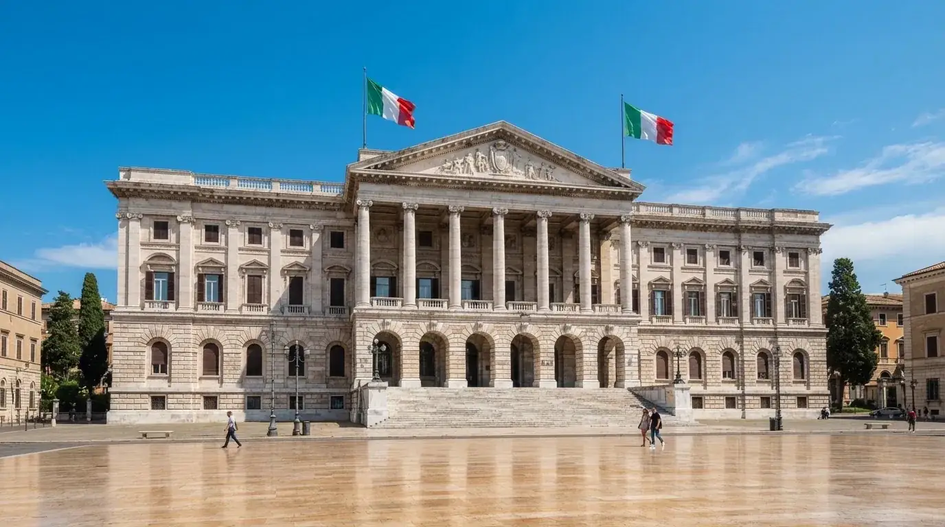 Palazzo istituzionale con bandiere al vento in una piazza soleggiata — casino metodi di pagamento italia