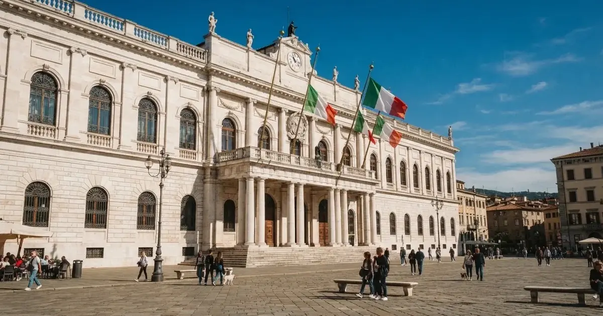 Palazzo istituzionale con bandiere al vento in una piazza soleggiata — casino no adm