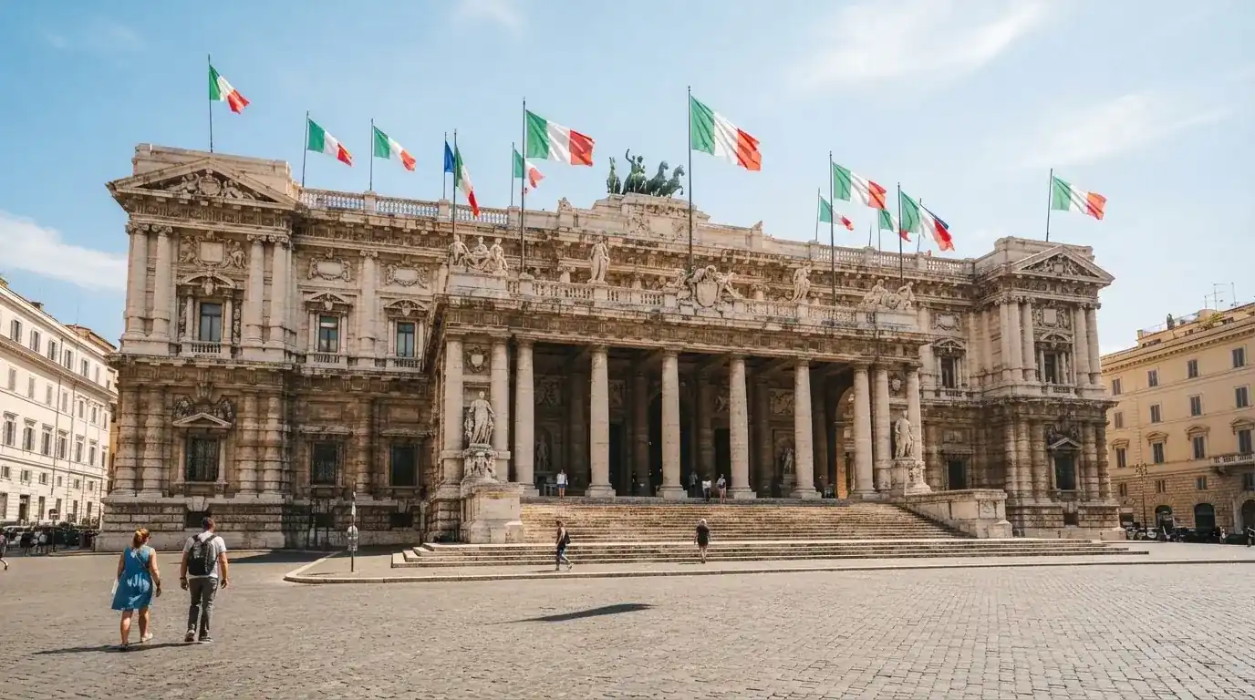 Palazzo istituzionale con bandiere al vento in una piazza soleggiata — casino non aams affidabili