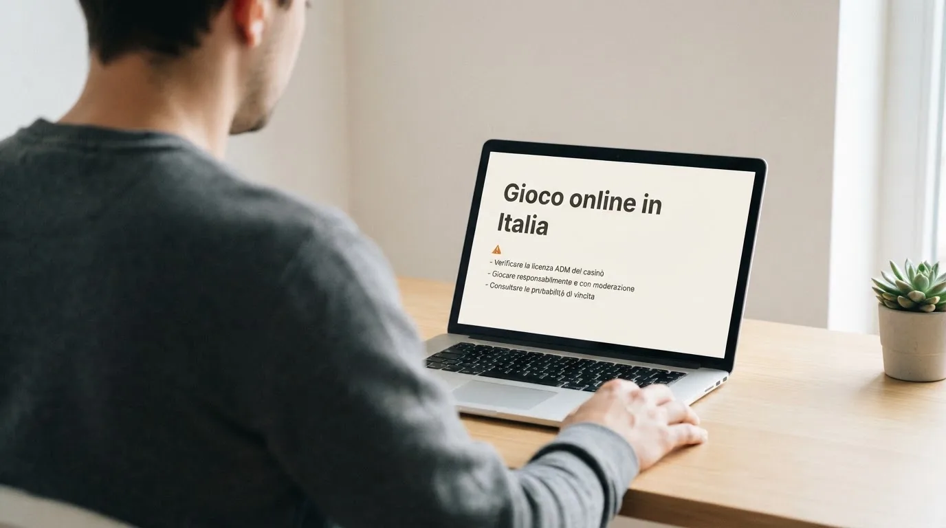 Persona davanti a un portatile che legge una pagina informativa sul gioco online in Italia — casinò non aams che accettano dogecoin