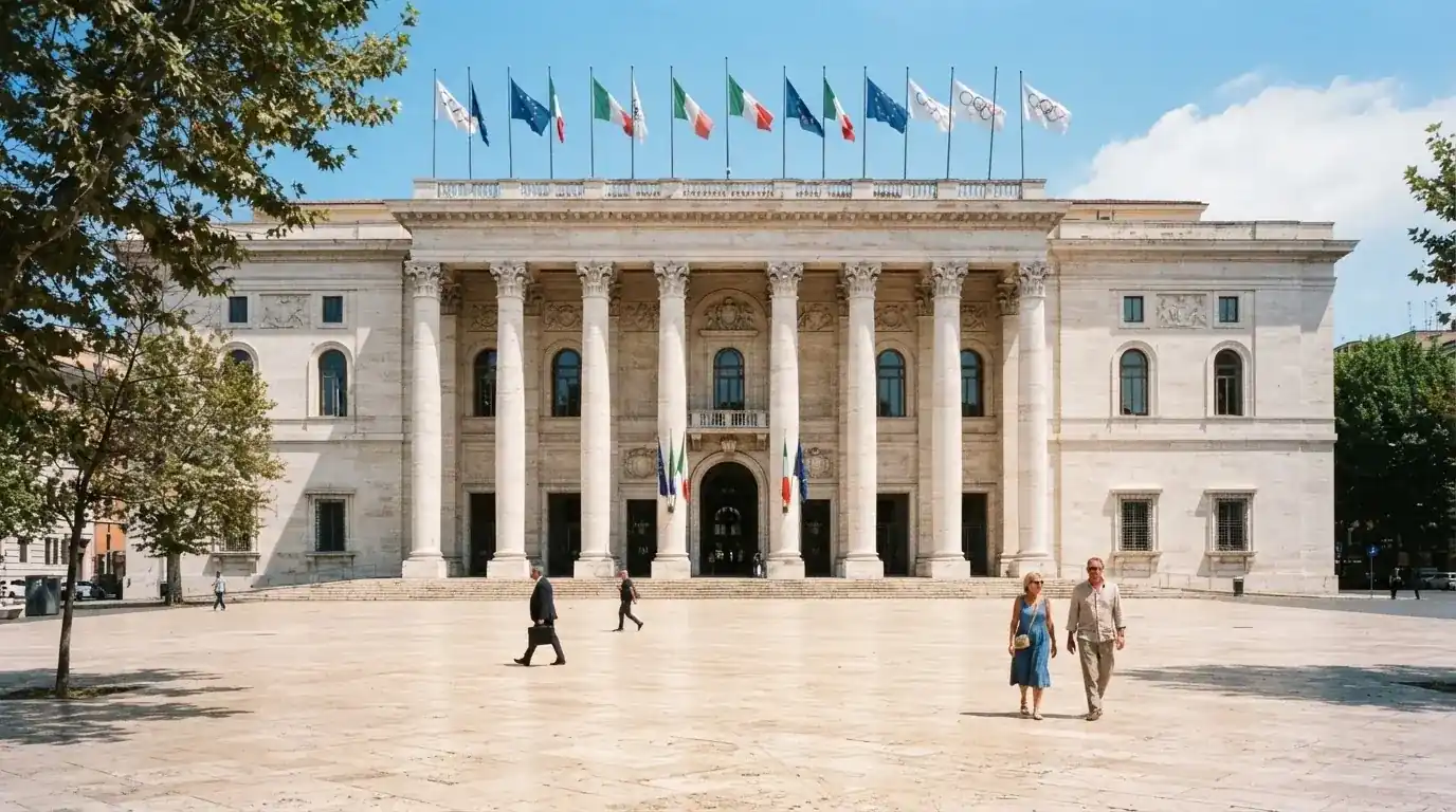 Palazzo istituzionale con bandiere al vento in una piazza soleggiata — casinò non aams che accettano dogecoin