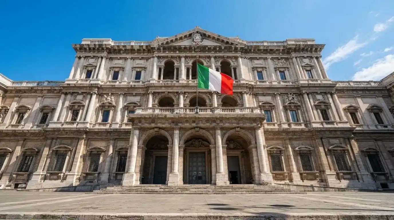 Un edificio governativo italiano con bandiera al vento fotografato dal basso in una giornata di sole.