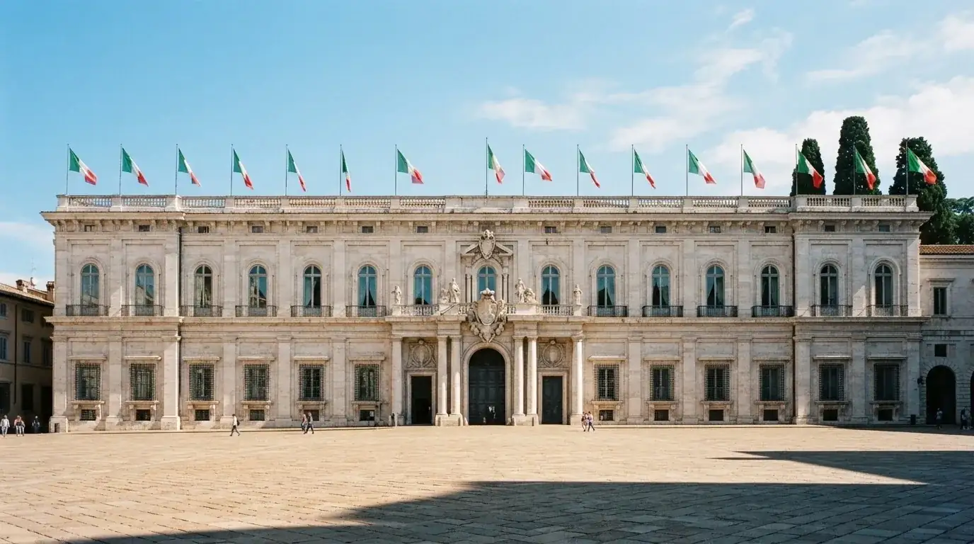 Palazzo istituzionale con bandiere al vento in una piazza soleggiata — casino non aams che accettano postepay