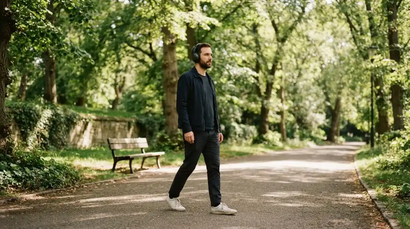 Un uomo cammina all'aperto in un parco cittadino indossando cuffie, lontano da qualsiasi dispositivo elettronico acceso.