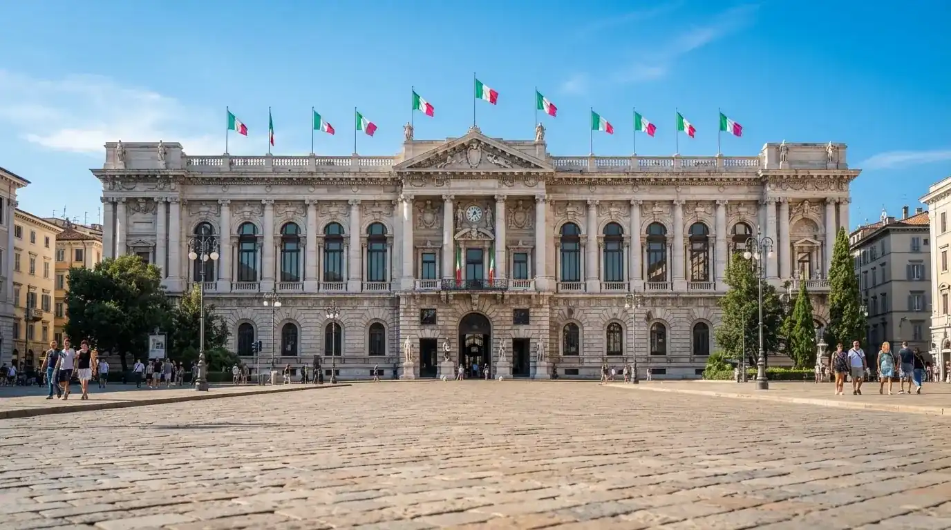 Palazzo istituzionale con bandiere al vento in una piazza soleggiata — casino online con algoritmo unbiased