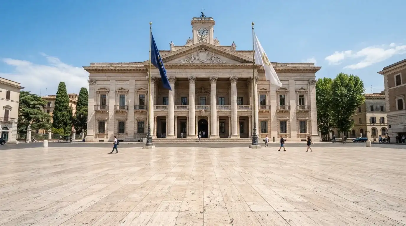 Palazzo istituzionale con bandiere al vento in una piazza soleggiata — casino online con bonus crab