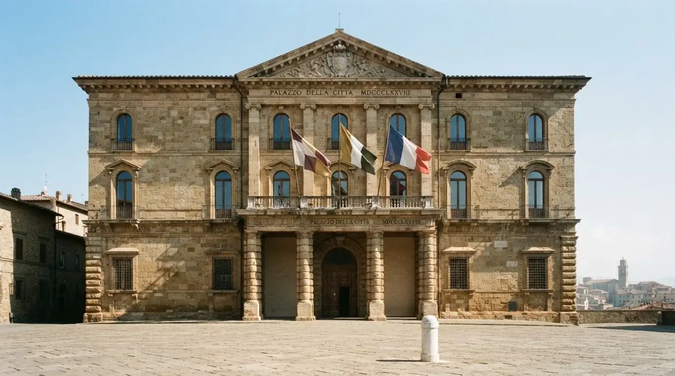 Palazzo istituzionale con bandiere al vento in una piazza soleggiata — casino online con cie