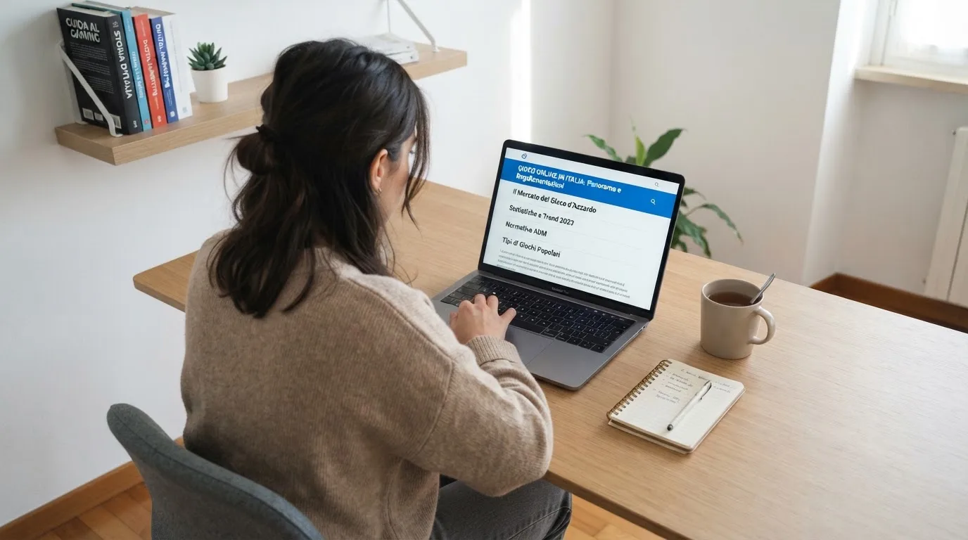 Persona davanti a un portatile che legge una pagina informativa sul gioco online in Italia — casino online con soldi finti