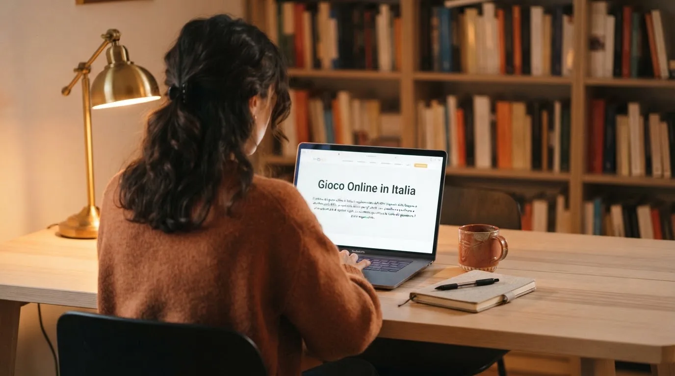 Persona davanti a un portatile che legge una pagina informativa sul gioco online in Italia — casino online italiani senza autoesclusione