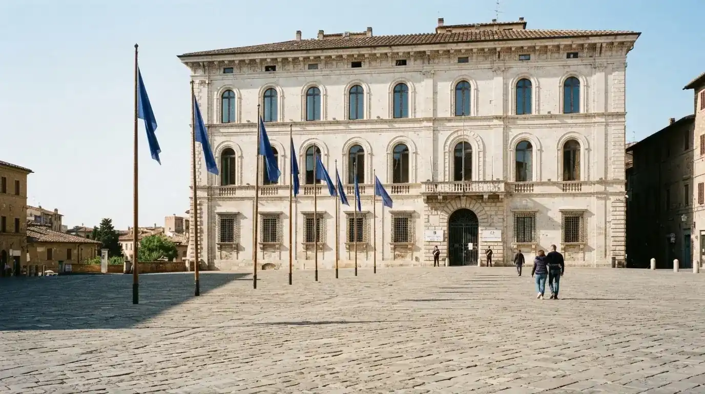Palazzo istituzionale con bandiere al vento in una piazza soleggiata — casino online italiani senza autoesclusione