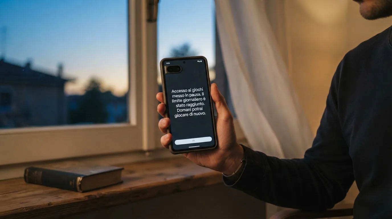 Mano che tiene uno smartphone accanto a una finestra, luce serale tranquilla — casino online sanremo