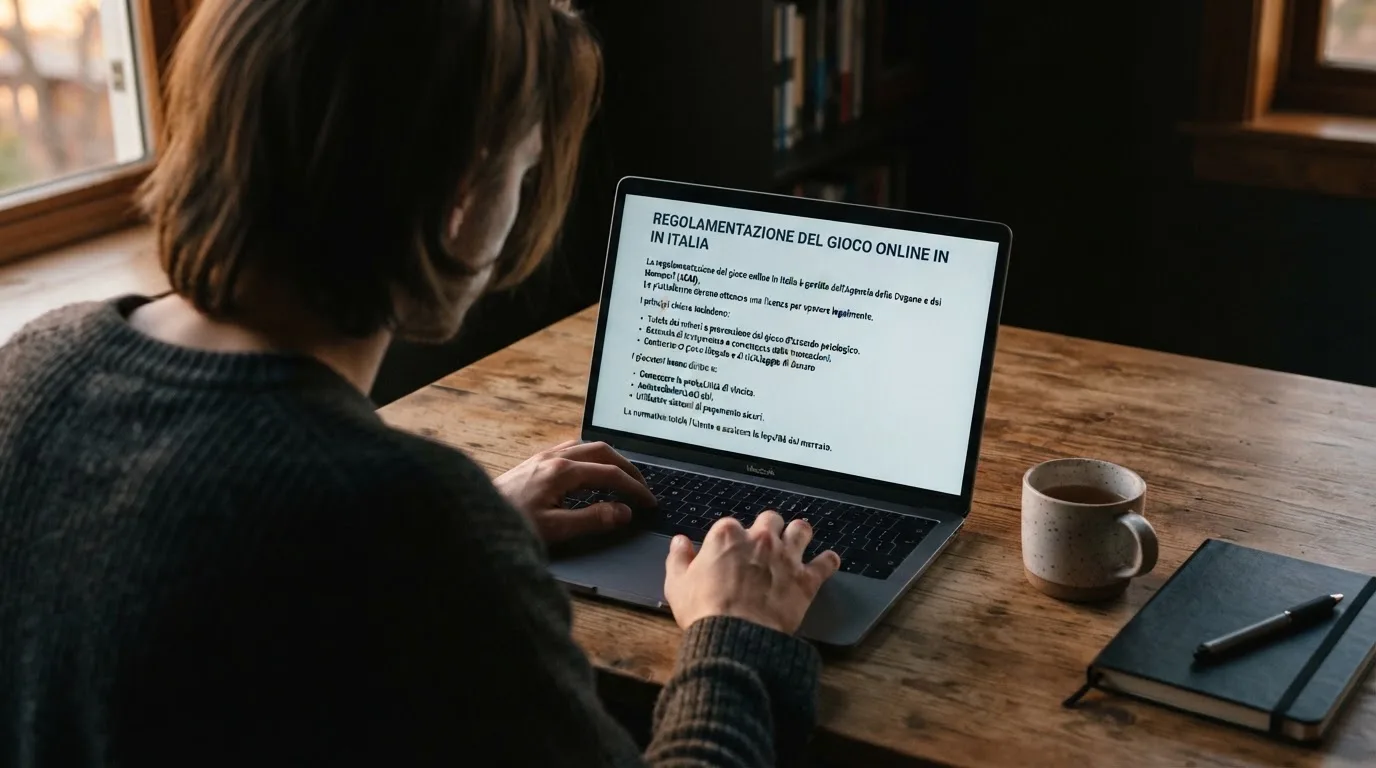 Persona davanti a un portatile che legge una pagina informativa sul gioco online in Italia — casino online senza registrazione