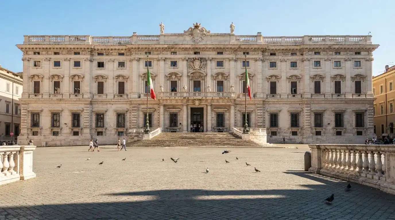 Palazzo istituzionale con bandiere al vento in una piazza soleggiata — casino online senza registrazione