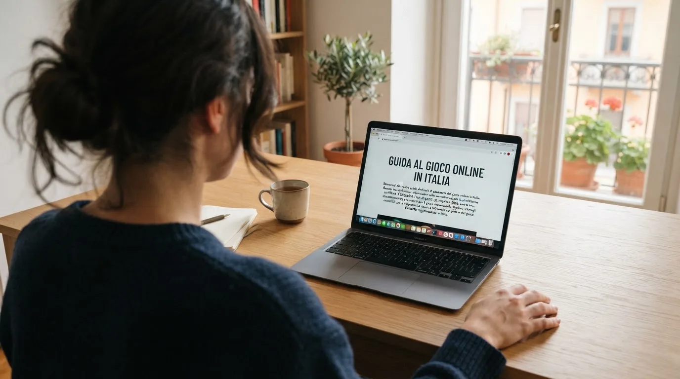 Persona davanti a un portatile che legge una pagina informativa sul gioco online in Italia — casino senza codice fiscale