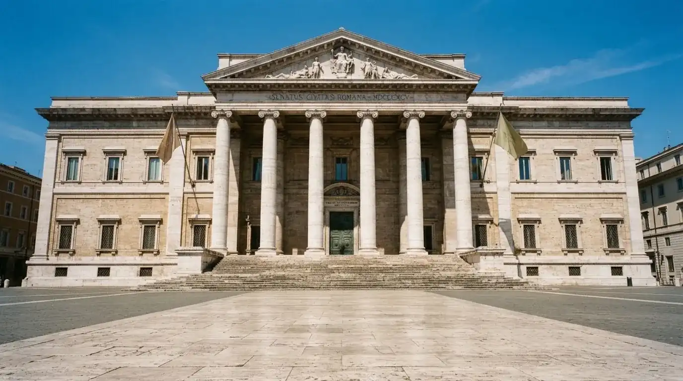 Palazzo istituzionale con bandiere al vento in una piazza soleggiata — casino senza codice fiscale