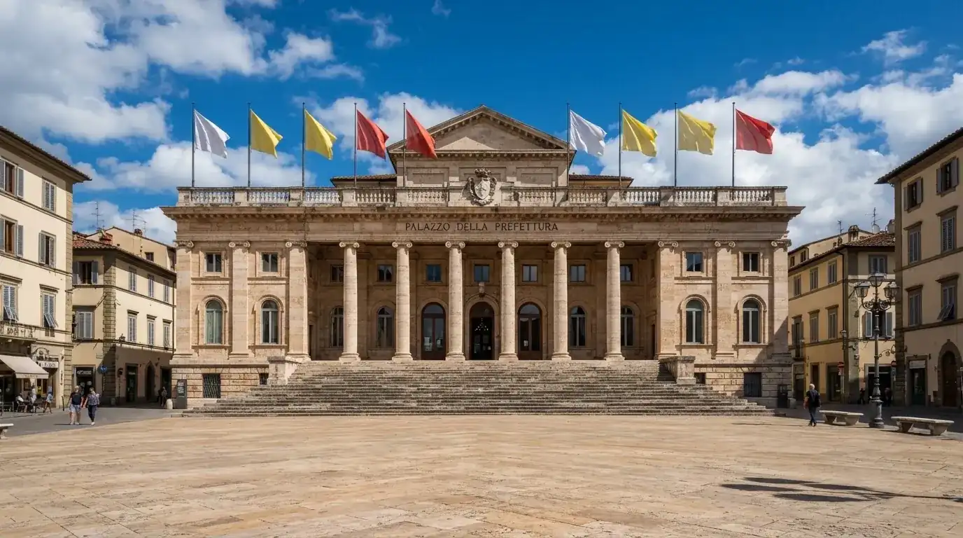 Palazzo istituzionale con bandiere al vento in una piazza soleggiata — casinò slot machines con rtp alto