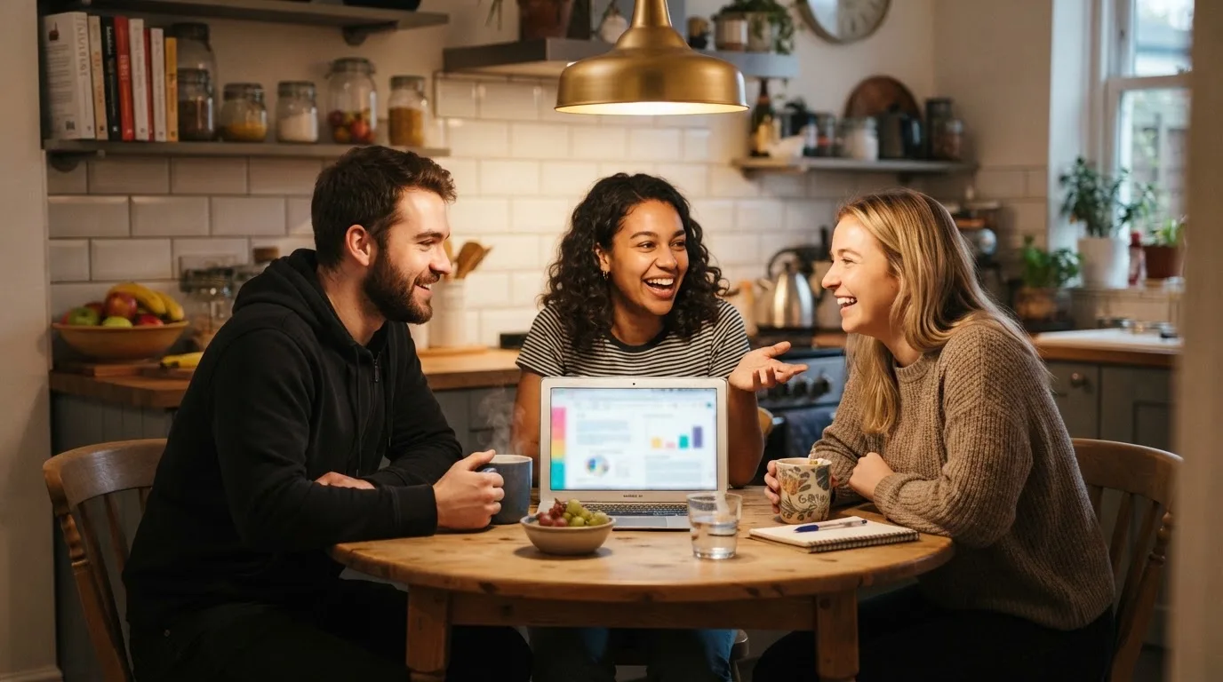 Un gruppo di tre persone confronta opinioni sorridendo attorno a un tavolo da caffè, con laptop e tazze fumanti davanti a loro.