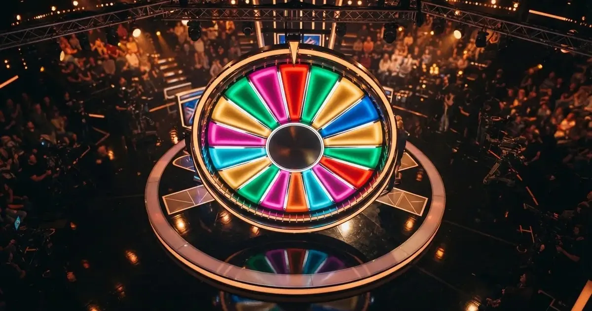 Una ruota colorata stilizzata gira su uno sfondo sfocato di luci da studio televisivo, ripresa dall'alto in un ambiente elegante.