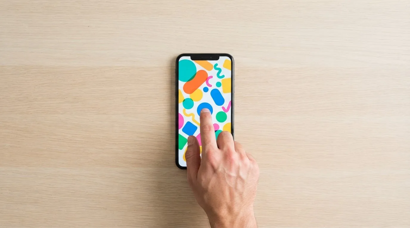 Una mano tocca con un dito lo schermo di uno smartphone tenuto in verticale, con forme colorate sfocate sullo sfondo del display.